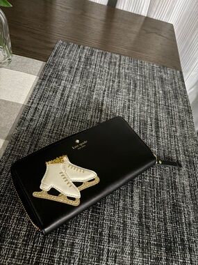 kate spade Black Zip-Around Wallet with White & Gold Ice Skate Applique